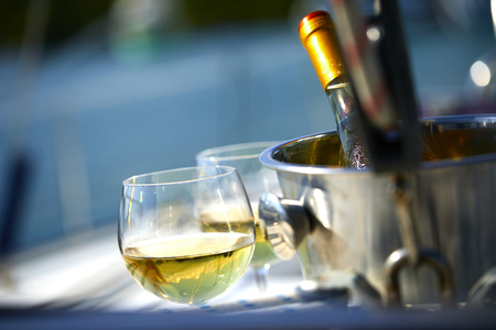 white wine on the yachtの写真素材