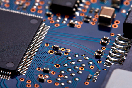 Close-up of electronic circuit board with processor of computer motherboard
