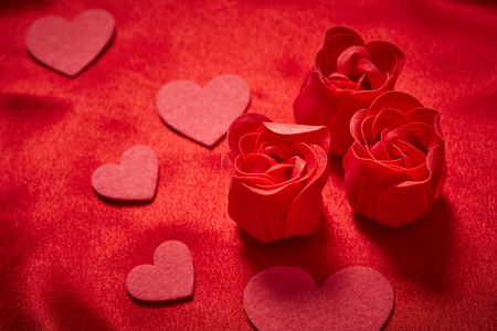 Valentines Day Background, Valentine Heart Red Silk Fabric, Wedding Love - Imageの写真素材