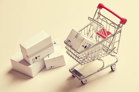 shopping trolley with boxesの写真素材