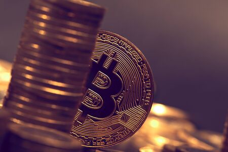 Golden bitcoin, conceptual image for crypto currencyの写真素材