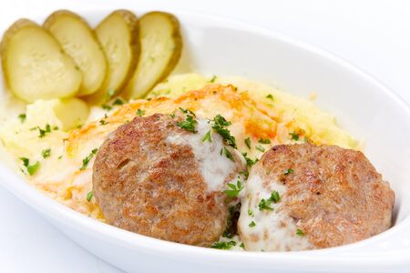 cutlet with mashed potato and vegetablesの写真素材