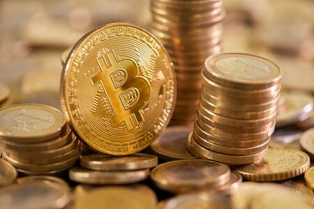 Stock Photo - Euro coins. Euro money. Euro currency.Coins stacked on each other in different positions. Money conceptの写真素材