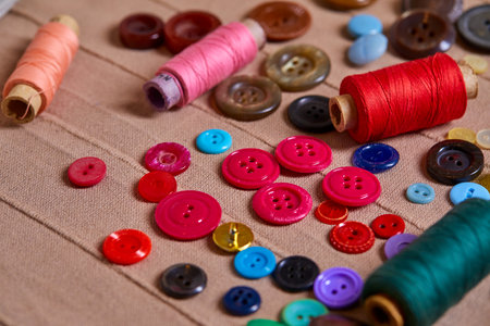 Background and texture of multicolored antique buttons and sewing tools