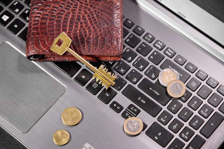 money coins on laptop computerの写真素材