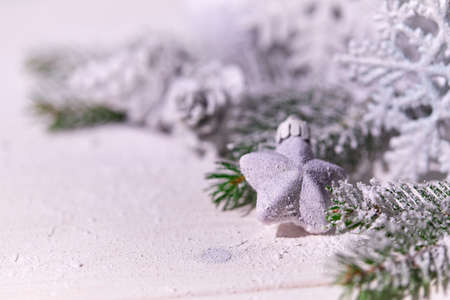 Christmas card - Christmas tree branches on the wooden backgroundの写真素材