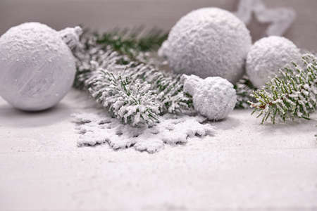 Christmas decoration with white balls and starsの写真素材