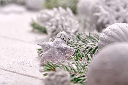 Christmas decoration with balls and conesの写真素材