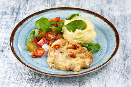 pork with mashed potato and vegetablesの写真素材