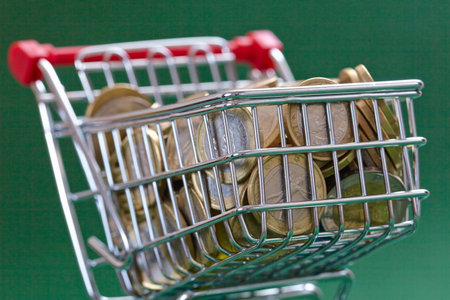 coins in the shopping basket, green backgroundの写真素材