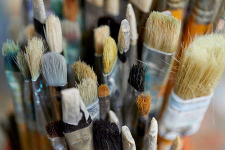 in the artist's studio, oil paints, palette, brushesの写真素材
