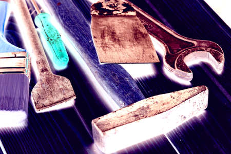 set of tools on the wood backgroundの写真素材