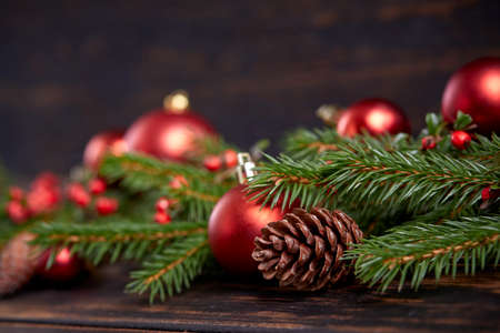 Christmas decoration with ball and fir branchesの写真素材