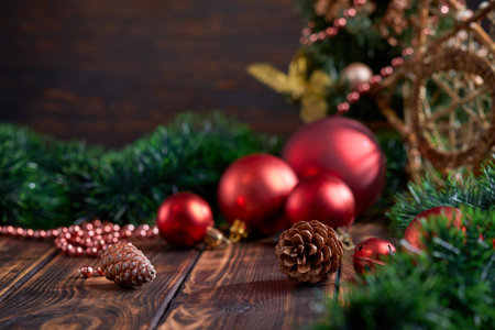 Christmas decoration on the wooden backgroundの写真素材