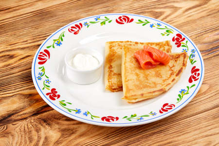 pancakes with spinach and salmonの写真素材