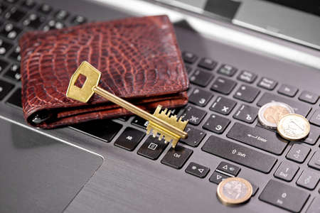 money coins on laptop computerの写真素材