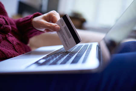 Online shopping concept, woman with credit cardの写真素材