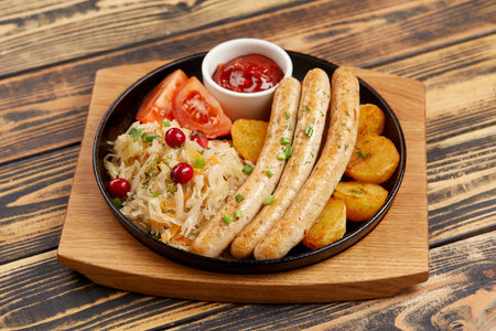 baked potatoes with sausages and cabbageの写真素材