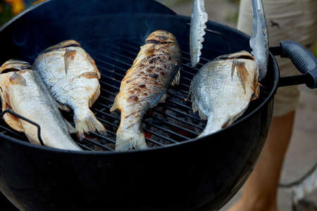 Spicy grilled fish with lemon. Food preparation for restaurant menu.の写真素材