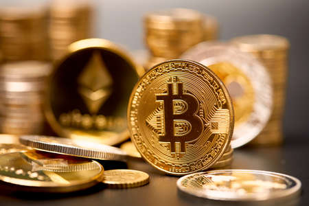 block chain, electronic coins close up, virtual moneyの写真素材
