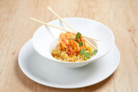 fried rice with shrimps and sauceの写真素材