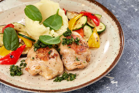 chicken with mashed potatoes and vegetablesの写真素材