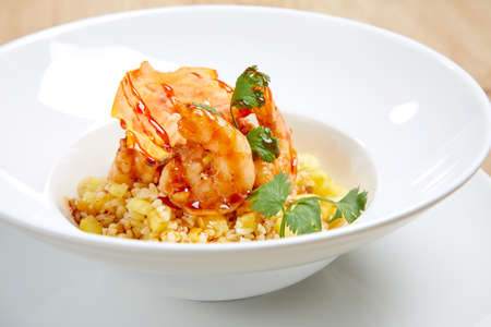 fried rice with shrimps and sauceの写真素材