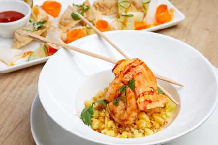 fried rice with shrimps and sauceの写真素材