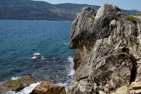 Mountain tops panoramic view, coast and beach of montenegro.の写真素材