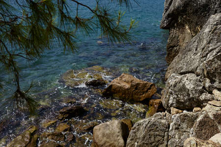 Mountain tops panoramic view, coast and beach of montenegro.の写真素材