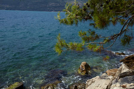 Mountain tops panoramic view, coast and beach of montenegro.の写真素材