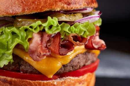 tasty burger with beef cutlet and vegetablesの写真素材