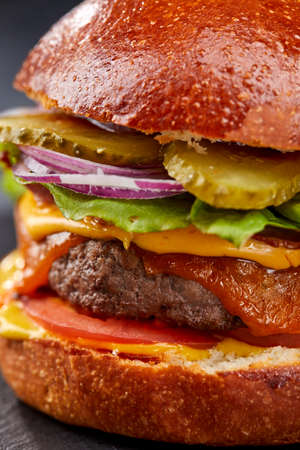tasty burger with beef cutlet and vegetablesの写真素材
