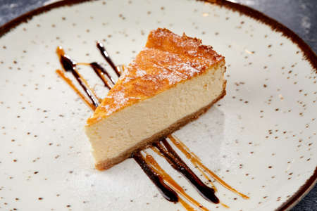 tasty cheesecake with chocolate sauceの写真素材