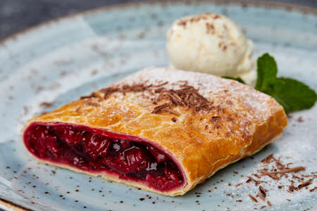 cherry strudel with ice creamの写真素材