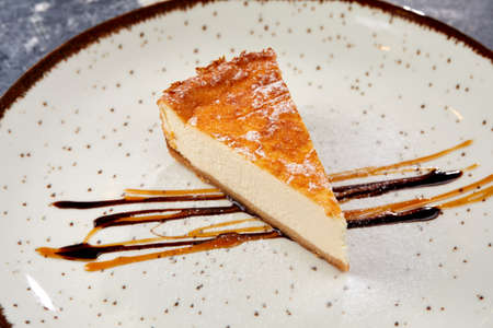 tasty cheesecake with chocolate sauceの写真素材
