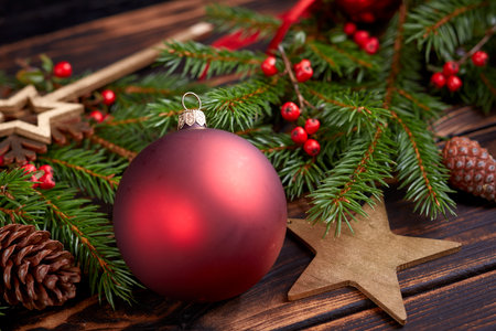 Christmas decoration with ball and fir branchesの写真素材