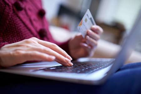 Online shopping concept, woman with credit cardの写真素材