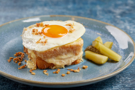 breakfast with fried egg and cheeseの写真素材