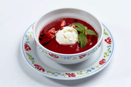 strawberry soup with ice creamの写真素材