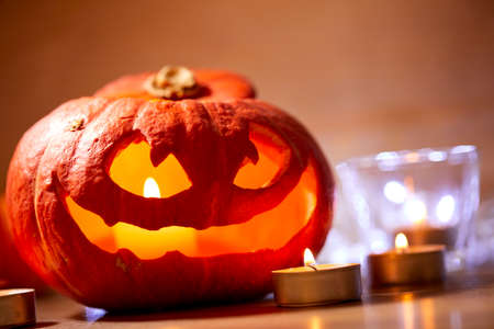 Halloween pumpkin and candlesの写真素材
