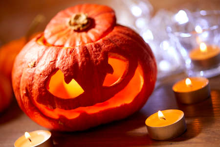 Halloween pumpkin and candlesの写真素材