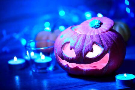Halloween pumpkin and candlesの写真素材
