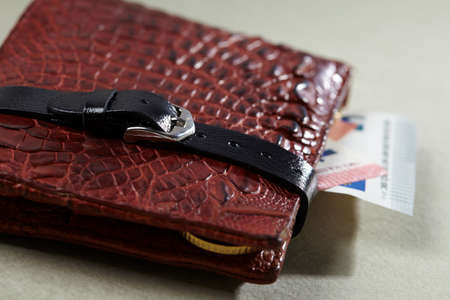 wallet with money on tableの写真素材