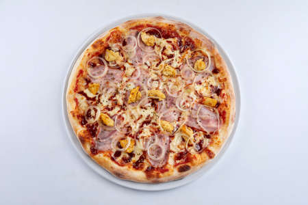 tasty italian pizza on wooden backgroundの写真素材