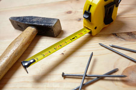 set of tools over wood backgroundの写真素材