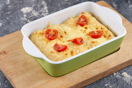 Italian pasta Cannelloni stuffed with meatの写真素材