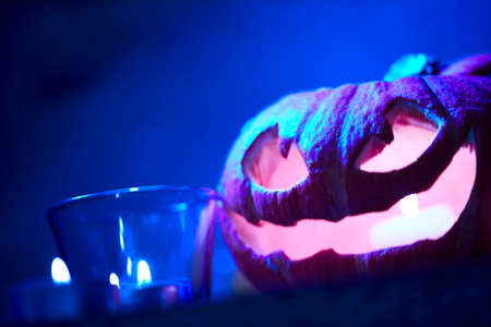 Halloween pumpkin and candlesの写真素材