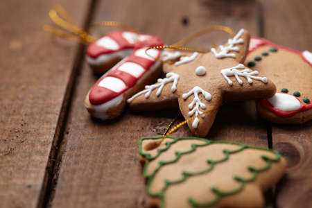 christmas cookies on wooden backgroundの写真素材