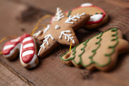 christmas cookies on wooden backgroundの写真素材